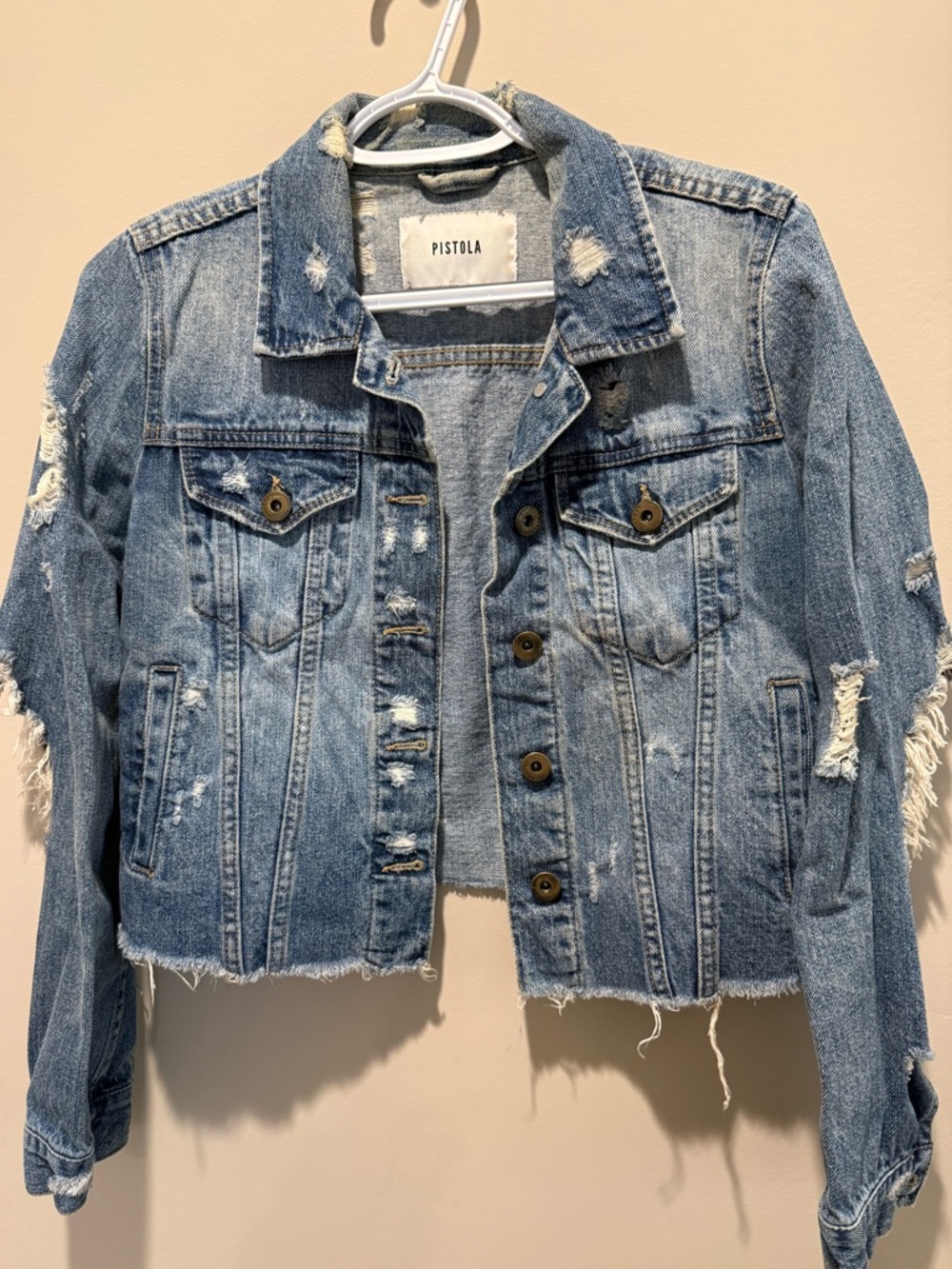 pistola Light Blue Distressed Cropped Denim Jacket